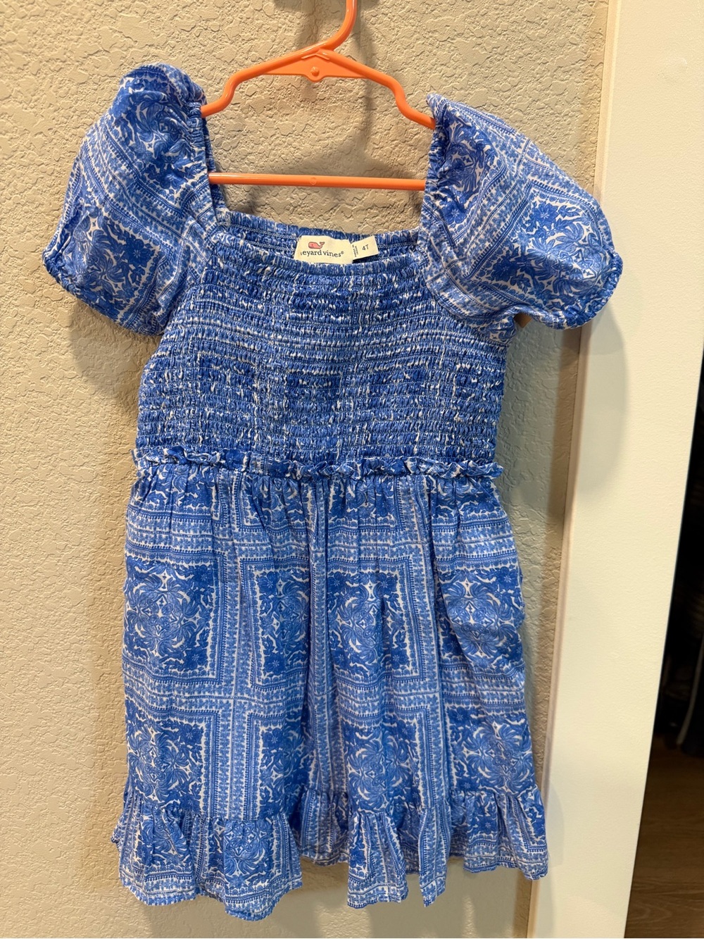 Vineyard Vines Blue Smocked Puff-Sleeve Dress